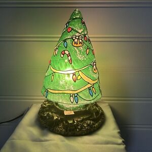 Vintage Poppy Stained Glass Lighted Christmas Tree Table Lamp & Bronze Base